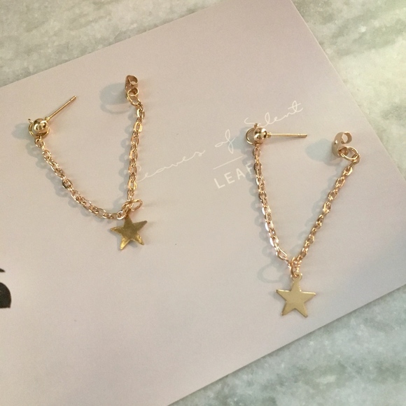 Star Chain Drop Hoop Gold Ear Jacket Earrings - Picture 3 of 7